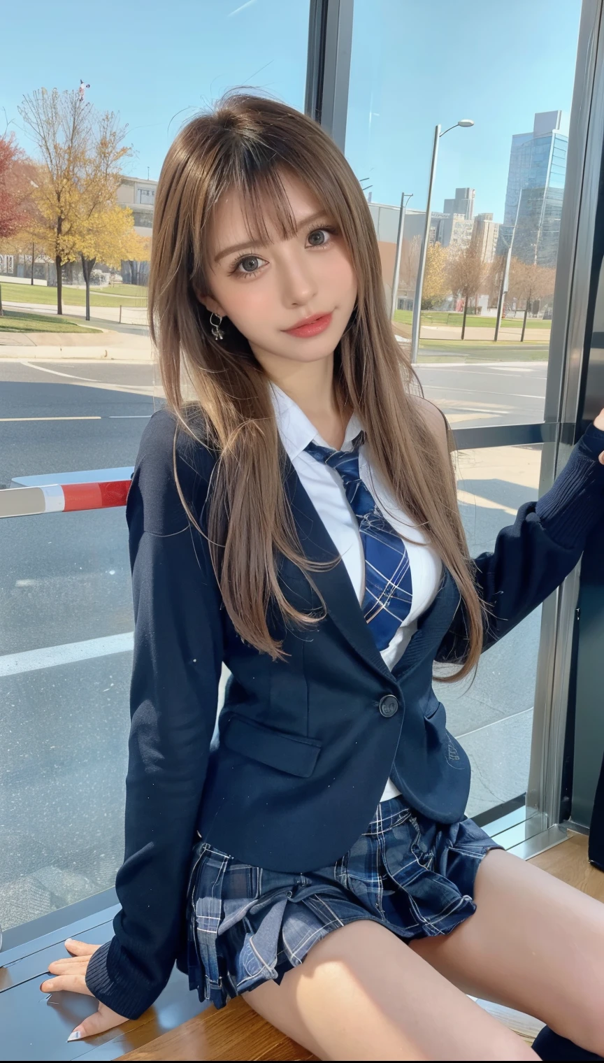 masterpiece, Highest quality, High resolution,Super detailed, Stunningly beautiful woman,1people々 girl, (美しいgirl, 繊細なgirl:1.4),break, (21 years old:1.4), break,(Grey coat,Navy Blue Blazer,White shirt,Navy Skirt),High resolutionスキン,Definition of ultrafine particles,(Symmetrical eyes:1.3), break,(Inside the company:1.3),break,Small breasts,Brown eyes,ponytail,Brown Hair,(Eye and facial details:1.3),break,(A smile showing white teeth:1.3),break,Pose while sitting on a chair,