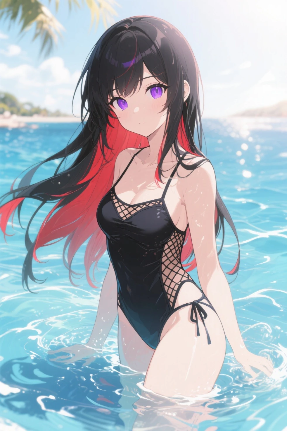 {{Super detailed}},{{{masterpiece}}}, {{{Highest quality}}}, {{Beautiful face and eyes in every detail}},{{Highly detailed skin}},Professional Lighting, Physically Based Rendering,4K,8K,Japanese Idols,very cute, Break 1 Girl, jtfmob, Hello, Hair above the eyes, Black Hair, Long Hair, (half close your eyes,Red eyes:1.2), Ripping wet clothes,Swimsuit, One piece swimsuit, latex,close your eyes,smile,Embarrassing,Apply blush all over the face,Leaning forward,Place your arms between your legs, Breaking the front view,Backlight,Cowboy Shot,View your viewers,School swimming pool,Poolside,(vapor,Very wet,Glowing Skin:1.2),