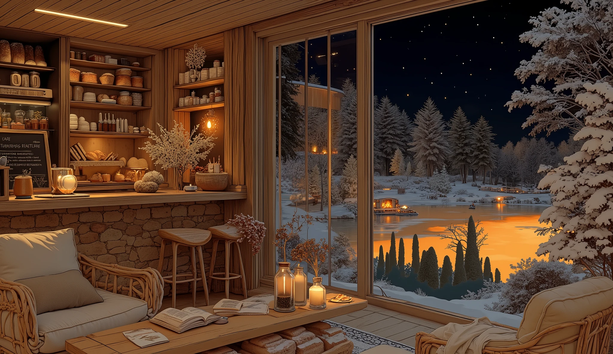 Cozy cabin with fireplace, không có cây Giáng sinhThe scene depicts a Cozy cabin with fireplace, without a rustic cafe Christmas tree, overlooking a beautiful Tranh sơn dầu và acrylic trên vải, một căn bếp của nhà bà ngoại vào ban đêm. Cảnh được dựng theo phong cách Ghibli, Tác phẩm sử dụng các màu sắc nhẹ nhàng và kết cấu sơn bằng tay để tạo ra một không khí thanh bình. Nó nắm bắt được tính thẩm mỹ của anime, kết hợp "nghệ thuật lo-fi" và những cảm hứng mùa hè với độ chi tiết cao và độ phân giải siêu cao để tạo ra một hình nền kiểu hoạt hình đẹp mắt. .
The interior has a wooden counter , on which a shiny metal coffee pot shines , symbolism of the art coffee floor and welcome . Under the counter , a glass display cabinet showcases fresh bread and pastries , man who fits the suit perfectly .
Beautiful rustic details, stone fireplace that fits snugly against the small brick wall and raw wood add a little extra special to the space.
Comfortable design wooden chairs arranged along the counter , ideal for a relaxing holiday . Back , a wooden shelf filled with bread and rustic bread brings order and touches , while a blackboard with the inscription " cafe" displays the prices of products attractively .
on the outside , được bao phủ bởi một lớp snow , creates a contrast with the warmth of the interior .
A wooden armchair with soft cushions arranged around a rustic coffee table , with a harmonious layout : a bottle reused as a tree vase , a cup of steamed coffee and a scented candle radiating accessories . Next to the characteristic gray color , a small sedge basket containing books and decorations , enriches the atmosphere .
The surrounding landscape is to enjoy the dark winter night sky , Earthy yellow light reflecting on the surface of the small lake . perfect for contemplation and meditation .Instagram viral cave living room with fireplace, coffees, Foods , cozy balcony. snow . without person