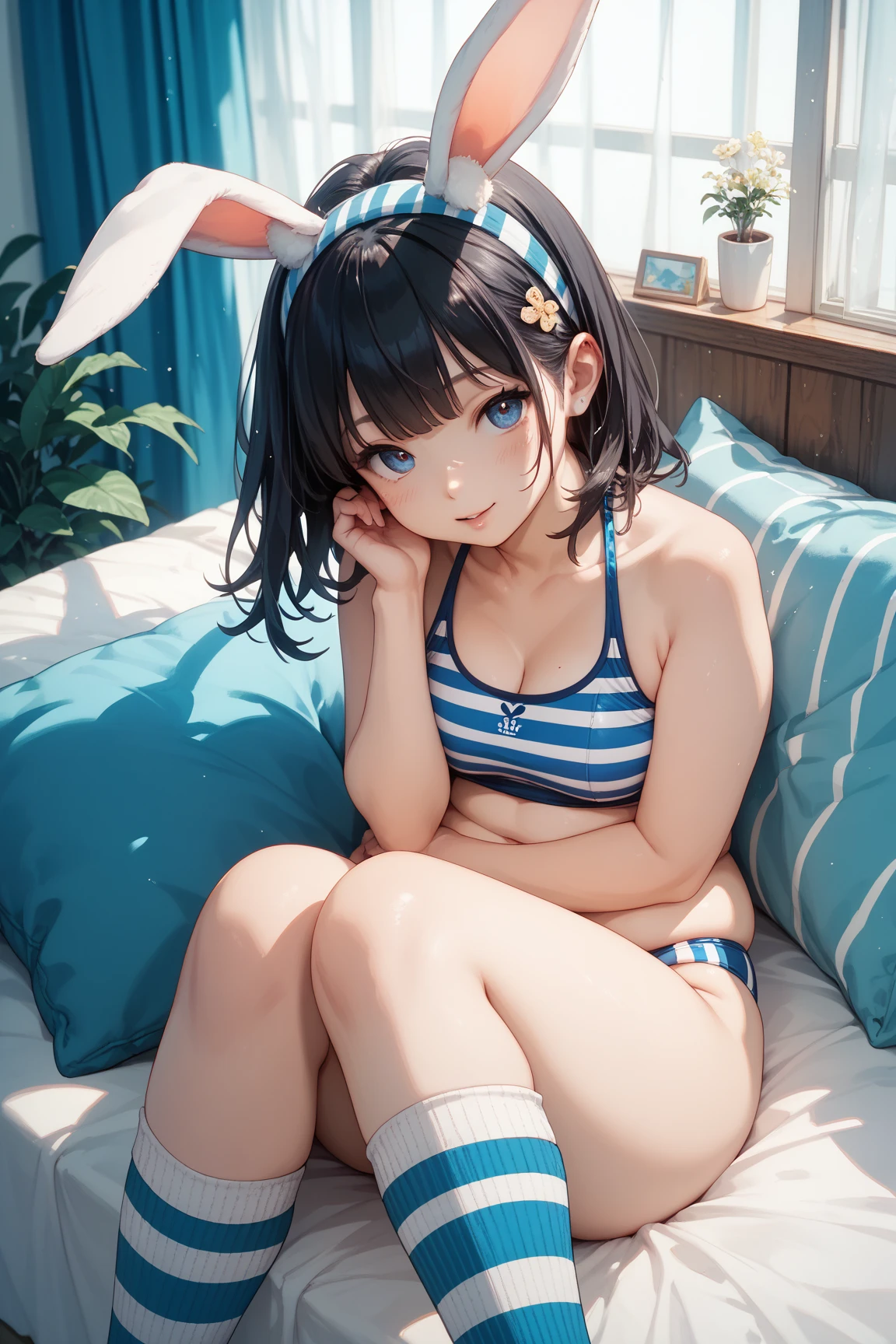 1 female、(Black-haired、Twin tails)、 like々Funny face、(Blue striped micro bikini and bikini pants)、Sensual look、y pose、On the bed、Composition looking up from below、Dynamic Angle