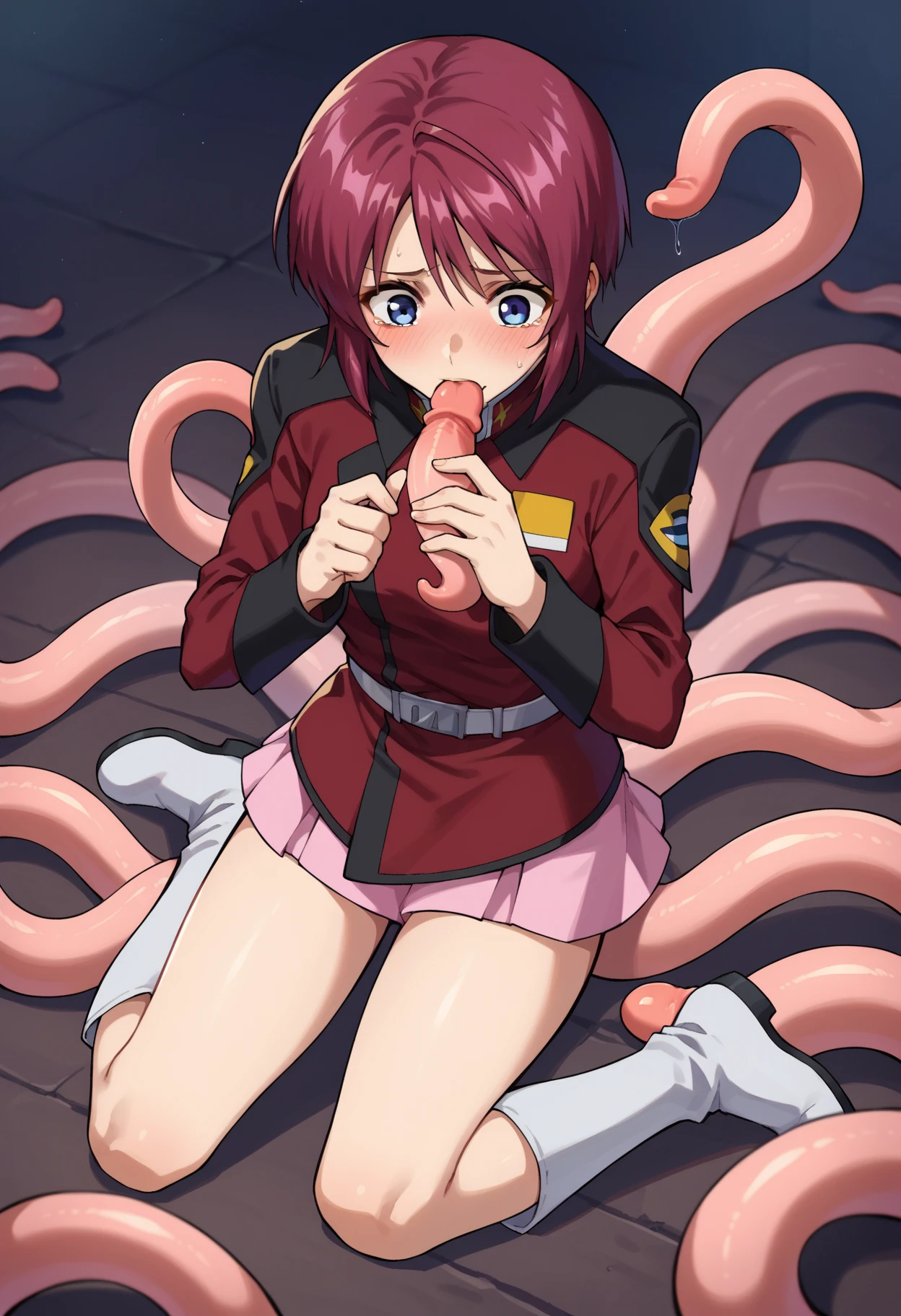 Browsing Caution,((One Girl, )), ((naked、Big pillar of meat、Blowjob、first round)), ((Seductively spreading her legs、)), Small Breasts:1.7,Big nipples,Anime cel painting style, Highest quality, High resolution, Small breasts:1.8, good, naked,Sexy pose with hands hanging above, hair ornaments, rape face, Open your eyes、blush, Tentacles White slime coming out of crotch, Cowboy Shot、White background