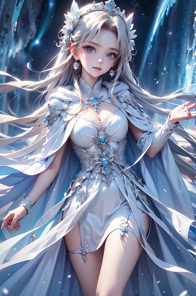 masterpiece、highest quality、wood, Detailed mini ice spikes and crystals, Frozen waterfall as background, Light reflected on ice crystals, Flowing snowflakes.Beautiful woman、white hair、cutegirl,Realistic people,black dress