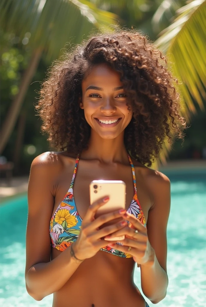 A woman is enjoying a sunny day at the beach. The woman, wearing a white tank top, is taking a selfie with her phone in front of her face. She has dark hair and is smiling slightly. Behind them is a colorful array of umbrellas that offer shade to other sunbathers. In the background, you can see the ocean and more people enjoying their time on the sandy beach. The overall atmosphere is relaxed and peaceful, typical of a day at the beach in Miami. . Full body photo, clear photo, high resolution, high quality, masterpiece, 16K. Sharp photo, high quality, high resolution (ultra quality masterpiece), Ultra HD, high contrast, 16K. Masterpiece: 1.3, high resolution, (photographically realistic), 8k, NUDE, NUDITY, NFSW