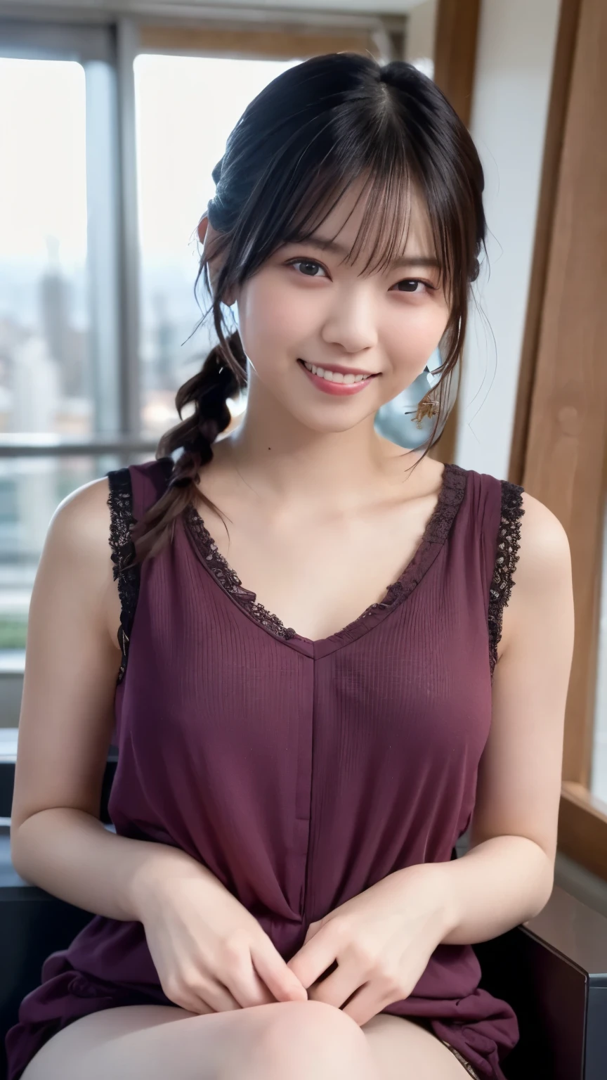 (8k, RAW Photos,Highest quality, High resolution:1.1), (Ultra-realistic:1.4),(Realistic:1.4), Realistic Face,Realistic Body,Realistic Skin,masterpiece,(cute:1.8), cute子たち, Fine black eyes,Innocent eyes,Cinema Lighting,Film Grain,jewelry,Earrings,((Medium Hair:1.1)),Cherry colored lips,Hair Ribbon,ponytail,Viewer,Long Hair,,Open your lips,Upper teeth, (Smiling Eyes:0.6),((Grin:1.3)),Blurred Background, Eye focus , Bokeh,young, 85mm lens,young,Portraiture,Photon Mapping,Radio City,Physically Based Rendering,Asian,(Knit dress:1.3))