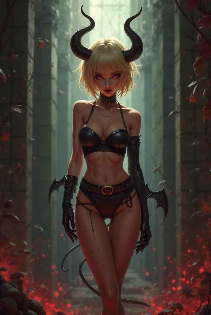 (masterpiece), best quality, expressive eyes, perfect face, front lighting, (outside village ruins on fire at night with moonlight background), (standing), (smirk), (cleavage view), (1girl, 18 years old, Nami (one piece), black makeup, black lips, orange hair, short hair, pigtail braid hairstyle, brown eyes, hourglass figure, left shoulder tattoo, skinny body, thin body, petite_body, small breasts, wide hips, thick thighs), (succubus, succubus outfit, torn clothes, ripped clothes, black torn laceup onepiece bikini, exposed cleavage, black stockings, black gloves, devil wings, devil horns, devil tail), 