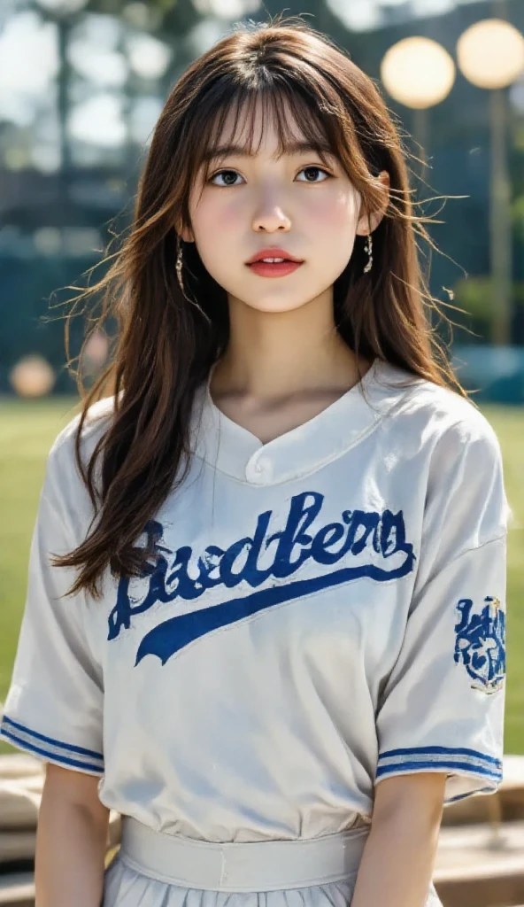 best qualtiy,tmasterpiece,超高分辨率,(realisticlying:1.4),RAW photogr,(Evening street),1个Giant Breast Girl,黑The eye,long whitr hair,Light makeup,cparted lips,tiny ears,Baseball uniforms,ear studs,cross-body bags,Beautiful Women with Perfect Figure:1.4, (exteriors,beachside:1.1),the city street,Ultra-fine face,Fine eyes,二重まぶた