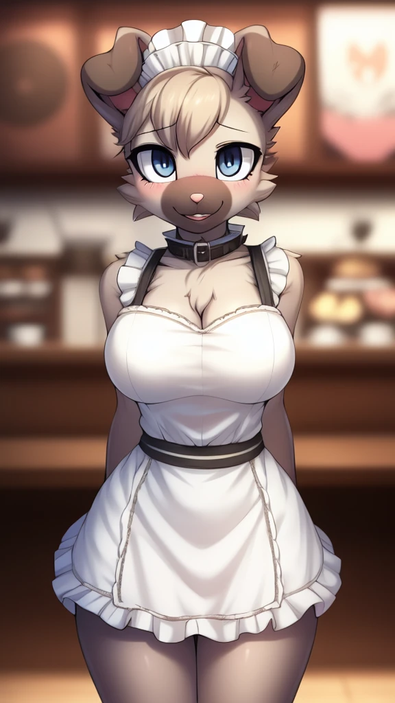 By personalami. anthro lynx ((woman)) dressed in maid outfit, bra, [string panties], maid dress. Freckles. Big breasts. Hug own breasts.