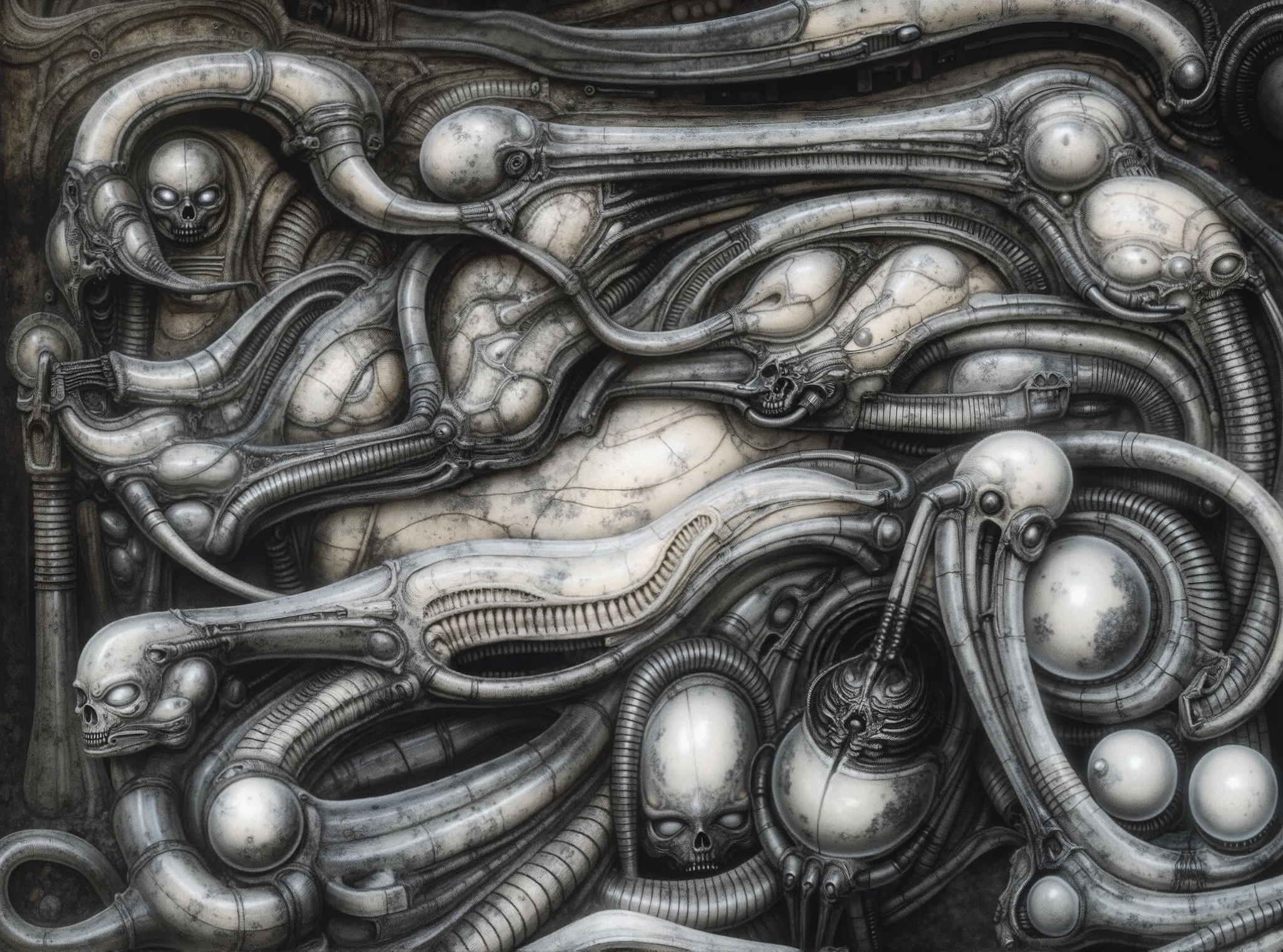 xgiger, DARK BLACK COLORS, , H. R. Giger's g1g3r, , , The image is a detailed view of H.R. Giger's \" HRG Alien III \" plate.
(Ultra-detailed depiction of fossilized remains of an alien civilization, made in the style of biomechanics, with many intertwined organic and mechanical structures, metallic shine, stone, burned ivory and corrosion textures, realistic shadows and cracks, the atmosphere of ancient, forgotten technology.):1.3
Please reproduce the original image as accurately as possible, capturing the intricate details of the biomechanical structures, the dramatic lighting, and the overall sense of unease. Find and enhance depiction of Giger's demons and creatures.(best quality:1.4). Use DARK BLACK COLORS.The final image should evoke the same sense of awe and dread as the original artwork by H.R. Giger, (best quality:1.4), H.R. GIGER, BY GIGER.
A dark, biomechanical landscape filled with interwoven, elongated, organic and metallic forms, inspired by the surreal and nightmarish style of H.R. Giger. The scene is densely packed with tubular, serpentine structures that resemble a fusion of alien exoskeletons, spinal columns, and industrial machinery. The color palette is dominated by shades of black, steel gray, and oily silver, giving a cold, eerie, and otherworldly atmosphere. The composition is complex and chaotic, with no clear background or horizon, creating a claustrophobic feeling of entrapment. The biomechanical elements are intricately detailed, with ribbed textures, cables, jointed limbs, and semi-organic surface patterns. Some of the forms subtly resemble alien skulls or embryonic figures, embedded within the flowing structure, adding an unsettling and surreal biological dimension. The lighting is low and dramatic, casting shadows that enhance the sculptural depth and gothic horror aesthetic..
The light interaction with these specific textures is crucial. Ensure anisotropic highlights on conduits and sharp glints on circuitry patterns.
Overall Style - Monochromatic or heavily desaturated cool palette (grays, blacks, muted cyans). High detail, photorealistic rendering of unreal structures. Style - H.R. Giger, biomechanical, dark industrial, complex machinery, high contrast,,giger