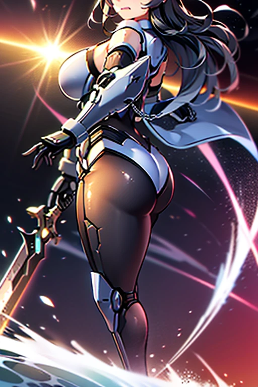 1girl, white skin, light skin, smile, light smile, blue hair, short hair, blue eyes, large breasts, breasts, wide hips, black bodysuit, bodysuit, sleeves, short sleeves, pantyhose, black pantyhose, futuristic, science-fiction, neon trim, neon, full_body, ((full body)), standing, swords, lighsaber, sword