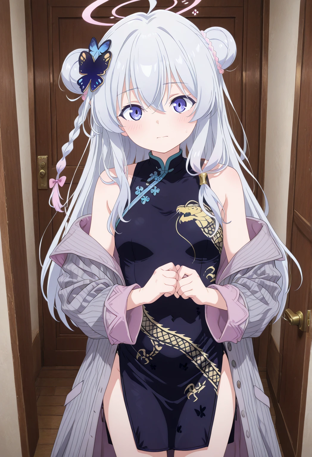 Elaina majo no tabitabi: Stand at the door while folding your hands, tatapan menguji, blue archive kisaki cosplay, kisaki (blue archive) (cosplay), dragon print, china dress, print dress, chinese clothes, pinstripe jacket, sleeveless turtleneck dress, cosplay, vertical-striped jacket, pinstripe pattern, pelvic curtain, striped coat, grey coat, black dress, sleeveless dress,sarung tangan hitam