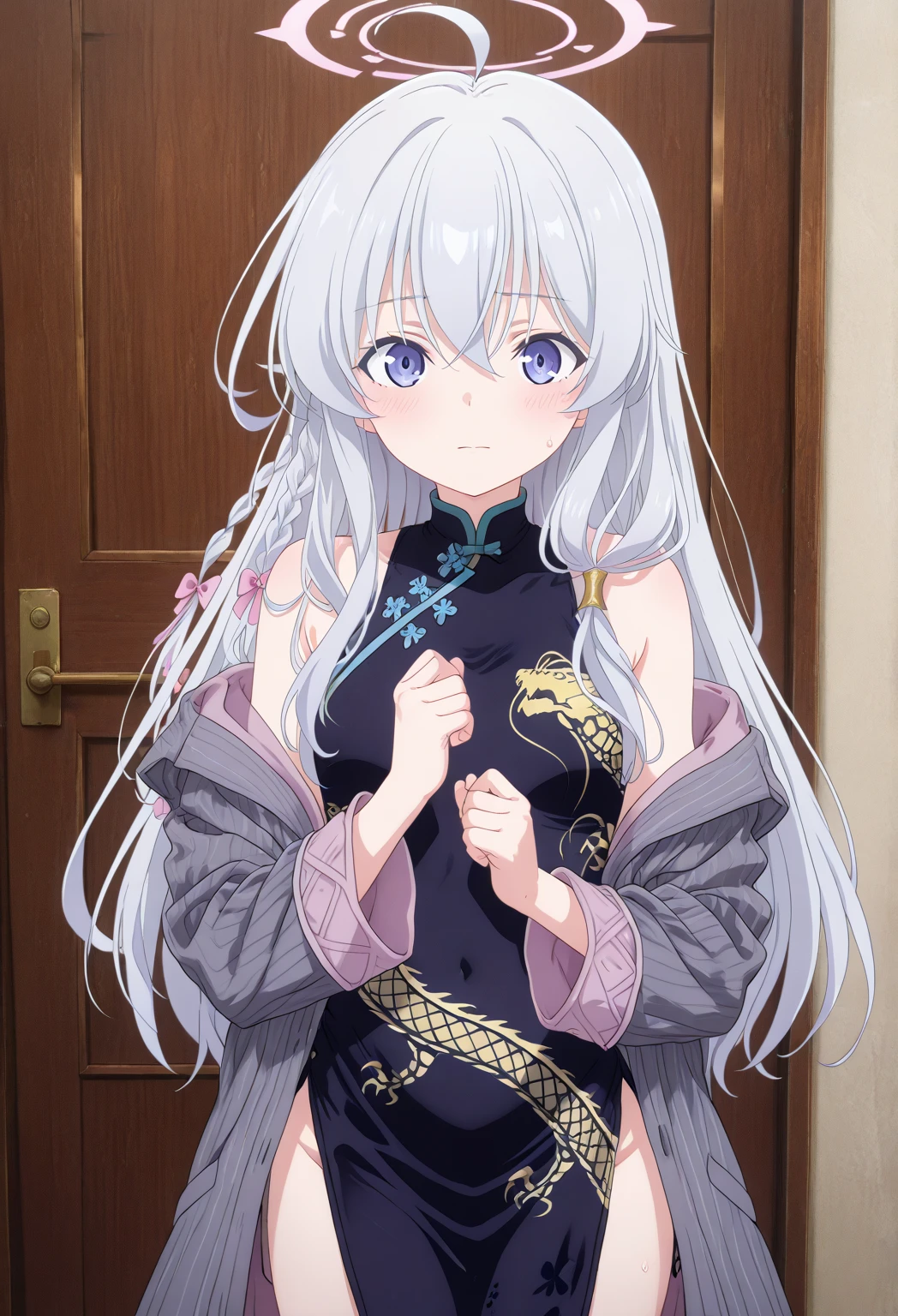 Elaina majo no tabitabi: Stand at the door while folding your hands, tatapan menguji, blue archive kisaki cosplay, kisaki (blue archive) (cosplay), dragon print, china dress, print dress, chinese clothes, pinstripe jacket, sleeveless turtleneck dress, cosplay, vertical-striped jacket, pinstripe pattern, pelvic curtain, striped coat, grey coat, black dress, sleeveless dress,sarung tangan hitam