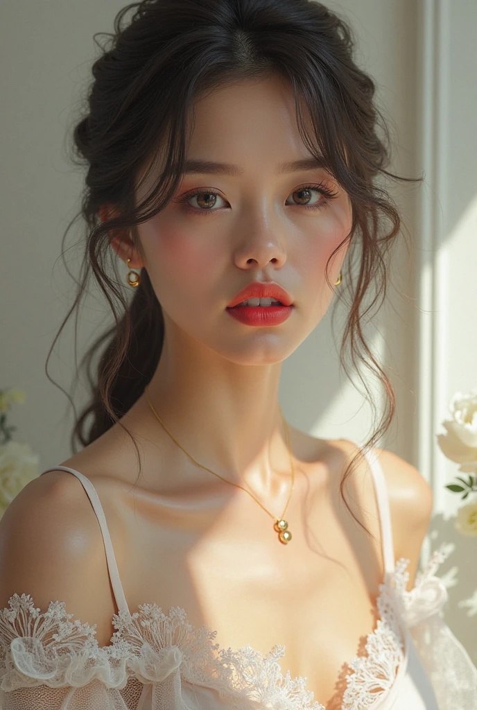 very beautiful girl, korean mixed idol model; 
glossy pink lips, phấn mắt hồng, eyelash, blush, mỹ phẩm, aa bright white, lỗ chân lông detail, da stretch the ball, da stretch the ball; bàn tay perfect, spotless; ivory white skin, ruddy, stretch the ball, shiny;
golden red hair, smooth, floating in the sunlight, detail;
blue eyes, charming, ((trang điểm high solution)), true, ((damp)), detail, phấn mắt hồng; 
two delicate eyelids, đẹp perfect, detail, eyelash đen;
Arched eyebrows, dear, high solution, detail;
khuôn mặt xinh đẹp và perfect, holiness, light makeup, cân đối perfect, đẹp đến từng detail, ((shiny)), mỹ phẩm;
Beautiful nose, lovely, cao, detail;
blush, prominent cheekbones, detail;
đôi môi charming, glossy pink lips;
Bright smile, pure white teeth, detail;
beautiful hands, perfect, ((error-free)), no disability;
cơ thể siêu perfect, full of life;
big and plump breasts, Raised nipples, Deep chest slit, toning, detail;
mông nở nang, shiny;
((lifelike)), ((masterpiece)), ((Highest quality image)), ((not NSFW)), ((8K)), CG, HD, ((high solution và tương phản)), ((Super nice graphics)), ((professional)), ((màu sắc detail và rực rỡ)), ((Super smooth image)), ((Advanced photography techniques)), ((RAW thật)), ((Kết cấu ảnh perfect));
Complex lighting, yellow-black rays, ((Face lighting));
sunlight ((twinkle)), ((illuminate the girl&#39;s body));