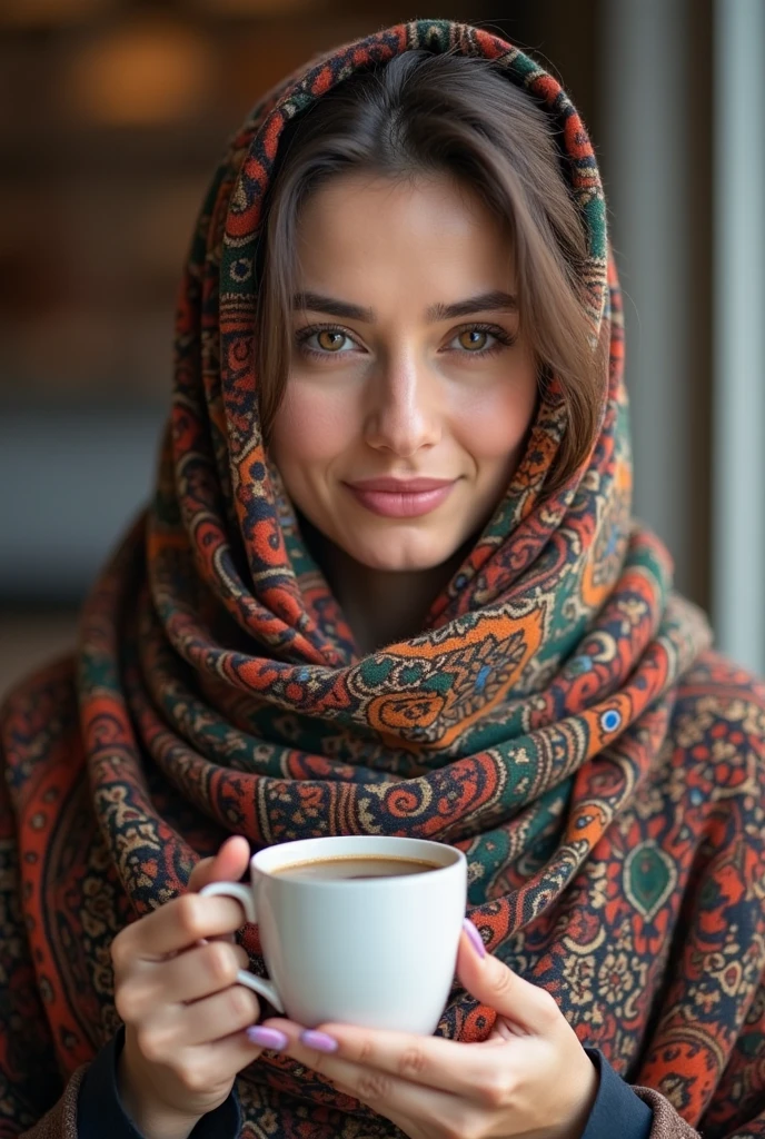 Image is a vibrant, colorful portrait featuring a young woman with fair skin and striking green eyes. She is wearing a richly patterned, multicolored headscarf that covers her hair and shoulders, blending seamlessly with the similarly patterned textiles in the background. The headscarf features intricate designs in shades of orange, brown, and blue. The woman holds a rustic, green ceramic cup close to her lips, suggesting she is about to take a sip. Her expression is serene and slightly smiling, with well-defined eyebrows and soft pink lips. The background is filled with an array of colorful fabrics, adding depth and texture to the composition.