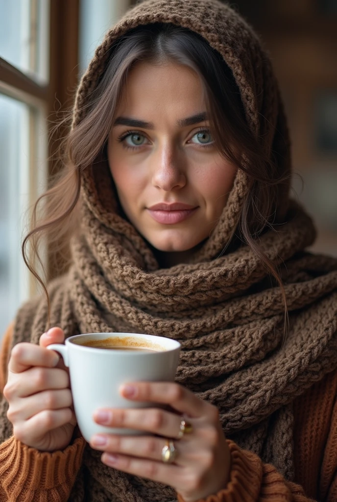 Image is a vibrant, colorful portrait featuring a young woman with fair skin and striking green eyes. She is wearing a richly patterned, multicolored headscarf that covers her hair and shoulders, blending seamlessly with the similarly patterned textiles in the background. The headscarf features intricate designs in shades of orange, brown, and blue. The woman holds a rustic, green ceramic cup close to her lips, suggesting she is about to take a sip. Her expression is serene and slightly smiling, with well-defined eyebrows and soft pink lips. The background is filled with an array of colorful fabrics, adding depth and texture to the composition.
