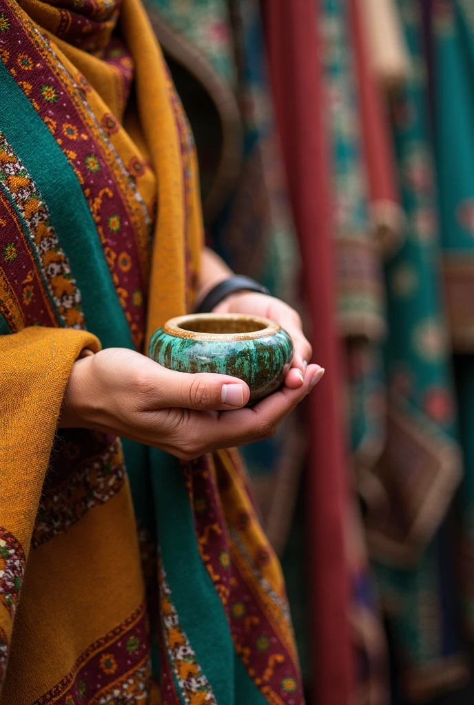 Image is a vibrant, colorful portrait featuring a young woman with fair skin and striking green eyes. She is wearing a richly patterned, multicolored headscarf that covers her hair and shoulders, blending seamlessly with the similarly patterned textiles in the background. The headscarf features intricate designs in shades of orange, brown, and blue. The woman holds a rustic, green ceramic cup close to her lips, suggesting she is about to take a sip. Her expression is serene and slightly smiling, with well-defined eyebrows and soft pink lips. The background is filled with an array of colorful fabrics, adding depth and texture to the composition.