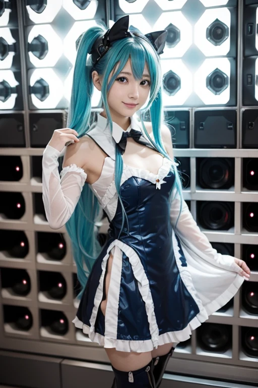 hatsune miku cosplay costume, hatsune miku, cosplay, twintails, aqua hair, long hair, alternate costume, hairclip, hair ornament, tattoo, Good, bowtie, detached collar, detached sleeves, skirt, belt, bag, thigh boots, boots, high heels ((Full breasts)), ((The skirt is short)), ((Sexy legs)), ((whole body)), ((I-type Valley)), ((Visible cleavage)), Practical, Fashion Girl, Red lips, Mature women, Exquisite makeup, big eyes, beautiful, (best quality, masterpiece:1.2), Very detailed, (Practical:1.37), ((Random Scenes, Random shooting angle)), ((Sexy long legs)), Young and energetic, Charming model, (Exquisite eyes, Delicate lips), Show a bright smile, Create stunning girl images, warm color, Extremely saturated colors, Official Art, Extremely detailed CG, Unity 8K wallpaper, (High Dynamic Range :1.4), (Movie atmosphere),(Soft colors), (Natural skin texture, ultra-Practical, Soft Light, sharp),(Very detailed), night, moonlight