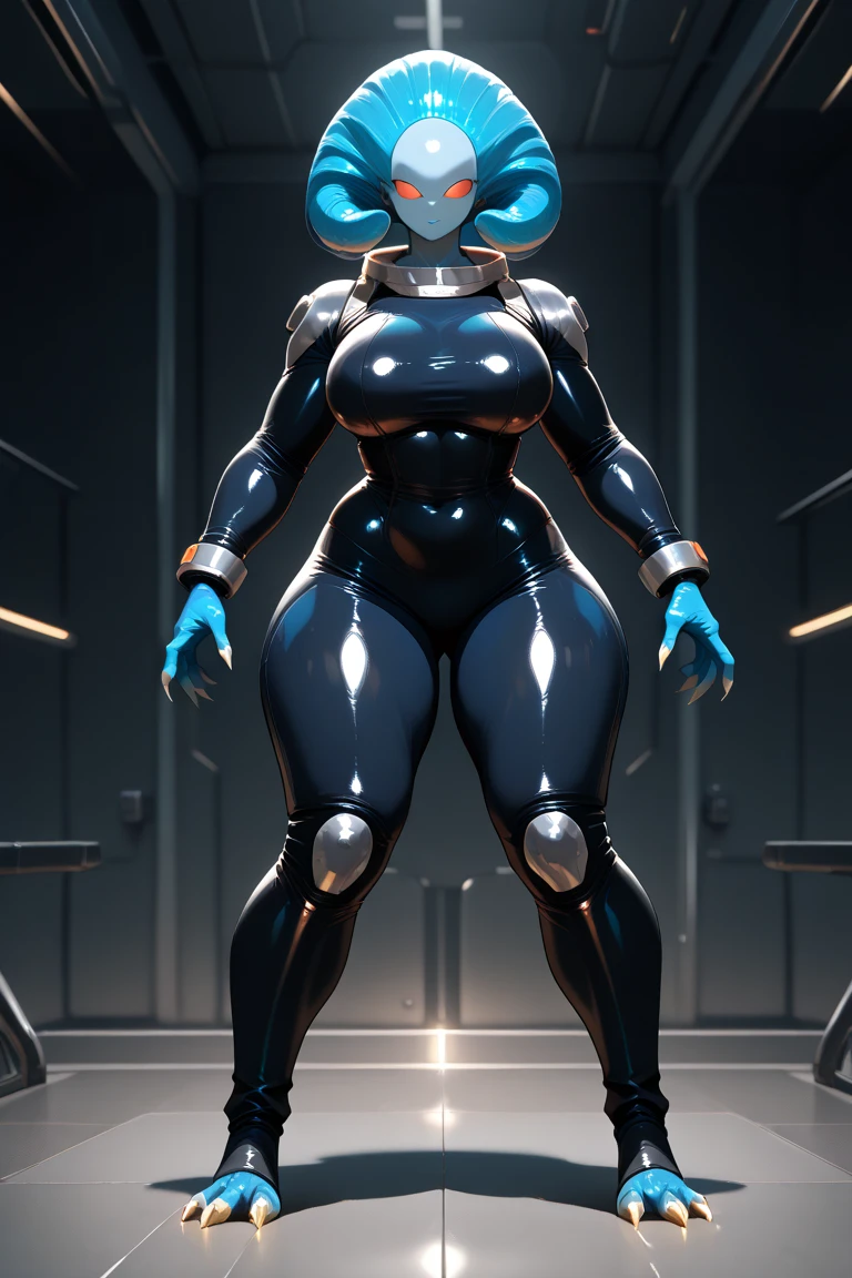 (Aletta ocean face), 8k ((full body view))((view from below:1.5)),(large eyes:1.3), defined cheekbones, looking back, ((the pit style:1.4))((sleek chrome bodysuit:1.6)) ((intricate metal details:1.4))detailed face:1.5), lightblue skin,(puffy lips:1.5) (lightblue skin:1.6), (bald woman:1.7), (skinhead) ((sexy pose)),(Muscular:1.3), ((gigantic breasts:1.5)), )highly detailed, majestic, digital photography, art by artgerm and ruan jia and greg rutkowski, ((metal shoulder pads:1.2)), (masterpiece), sidelighting, intricate details, black and blue color palette
