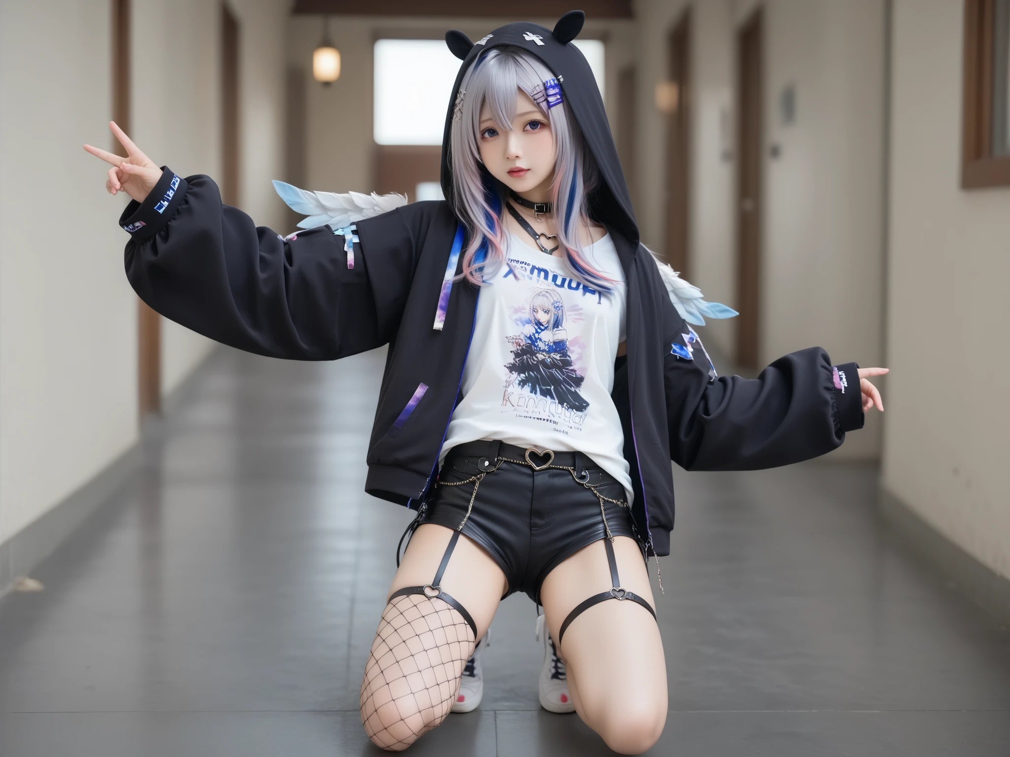 female idol、large full breasts、very thick legs、Hair Roll、Sleeveless、Good Style、Blue and white gothic punk fashion(Shorts and tights style)、bluish mesh hair