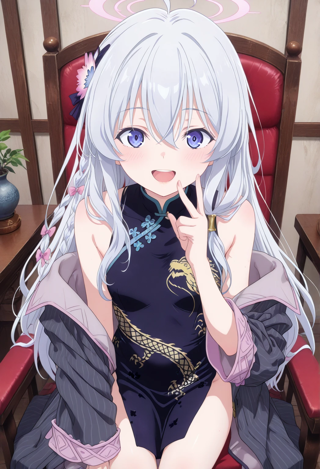 Elaina majo no tabitabi: Sit on a chair laughing softly, hands close part of mouth, blue archive kisaki cosplay, kisaki (blue archive) (cosplay), dragon print, china dress, print dress, chinese clothes, pinstripe jacket, sleeveless turtleneck dress, cosplay, vertical-striped jacket, pinstripe pattern, pelvic curtain, striped coat, grey coat, black dress, sleeveless dress,sarung tangan hitam