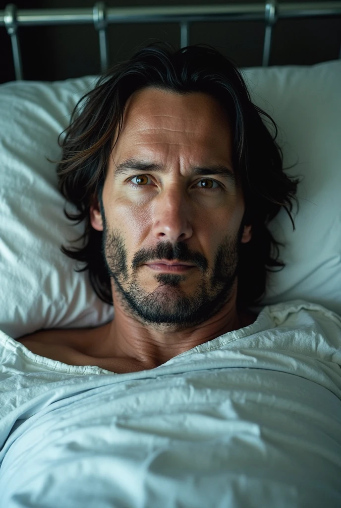 Realistic photo of the character Steve McGarrett from the series Hawaii 5-0, being in his bed without any clothes