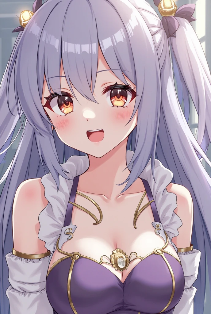 score_9, score_8_up, score_7_up, source_anime, masterpiece, absurdres, medium breasts, perfect face, 1girl, cute expression, amused, smiling, background: bedroom, alisamikhailovna, alisamikhailovna kujou, long hair, bangs, blue eyes, tiara, ahoge, gray hair, red ribbon, (cat lingerie:1.1), (red lingerie:1.1)