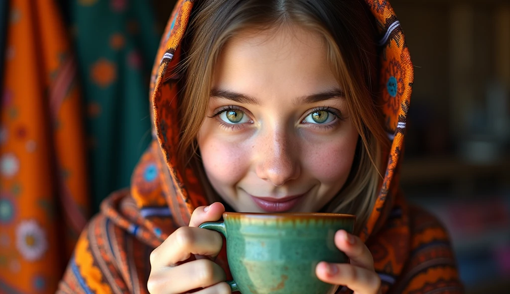 Image is a vibrant, colorful portrait featuring a young woman with fair skin and striking green eyes. She is wearing a richly patterned, multicolored headscarf that covers her hair and shoulders, blending seamlessly with the similarly patterned textiles in the background. The headscarf features intricate designs in shades of orange, brown, and blue. The woman holds a rustic, green ceramic cup close to her lips, suggesting she is about to take a sip. Her expression is serene and slightly smiling, with well-defined eyebrows and soft pink lips. The background is filled with an array of colorful fabrics, adding depth and texture to the composition.