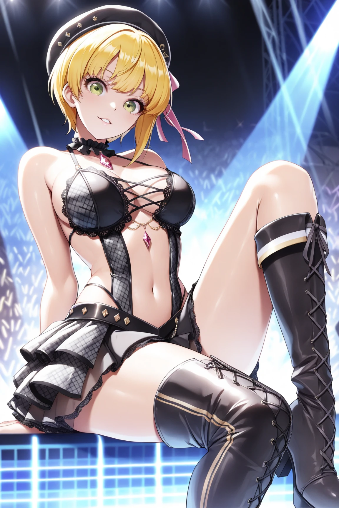 1girl,solo,(standard height),full body,standing,(blonde hair:1.6),short hair, (red hairband:1.2),hair ornament,(one side red butterfly ribbon),(yellow eyes:1.4),(beautiful fingers:1.6),(perfect anatomy:1.4),(arms_behind_back:1.6),(cold_shoulder:1.2),BREAK,(yellow leather lace glossy silk lamé playboy bunny:1.6),(purple pencil mini skirt:1.4),(latex luster shiny glossy metallic:1.6),(shiny_clothes:1.6),medium breasts,beautiful breasts,(masterpiece),best quality,(Ultra high definition eyes:1.2),8k,(Beautiful detailed eyes:1.2),(Fine and beautiful eyes:1.2),(pretty eyes:1.2),finely detail,extremely CG, absurdres,high resolution,illustration,Detailed and beautiful outlines,finely detail,high resolution,(colorful refraction:1.4,Increase saturation:1.2),beautiful lighting,dynamic lighting,closed room,black background,simple background, smile,looking at viewer,mio,gtold gloves,spider web print,sash,obi,(yellow rabbit ears:1.4),(yellow thigh boots:1.4),(white Clear PVC sheets sleeves:1.4),(sheer sleeves:1.4),(see-through sleeves:1.4),(wide sleeves:1.2)
