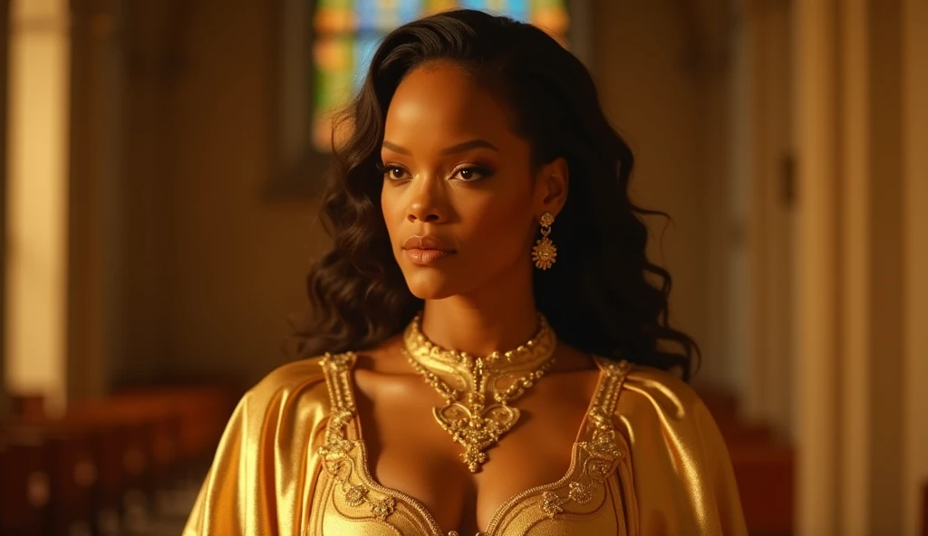 "Imagine an AI-generated artwork that transforms Rihanna into a majestic Greek goddess. Picture her draped in ethereal robes that cascade like ancient Grecian garments. Adorn her with divine accessories, such as a laurel wreath or intricate jewelry, reflecting both elegance and power. Set her against a celestial backdrop with soft, golden lighting, evoking the ambiance of Mount Olympus. Infuse the image with an air of regality and mystique, capturing Rihanna embodying the essence of a modern-day goddess from ancient Greek mythology. The final artwork should be a harmonious blend of contemporary allure and classical divinity, paying homage to Rihanna's iconic presence and cultural influence."(front facing camera shot)