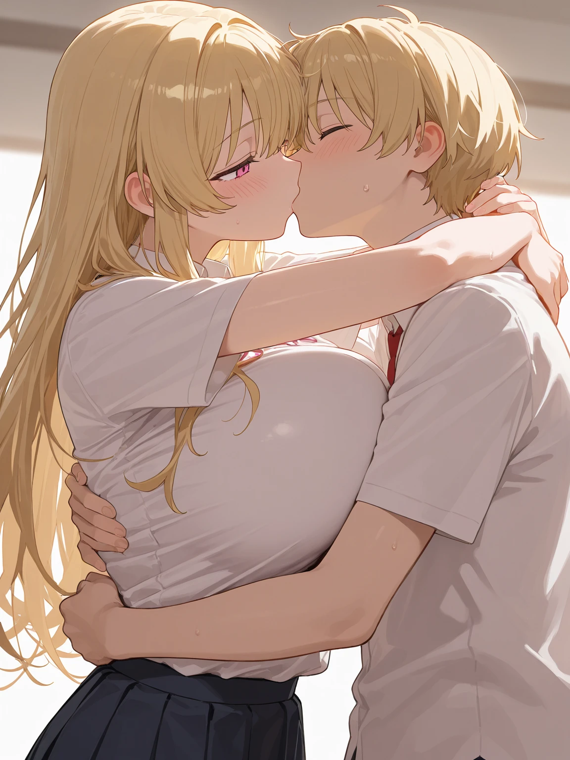 couple, he is blonde, she is brunette, hugged High quality best quality
