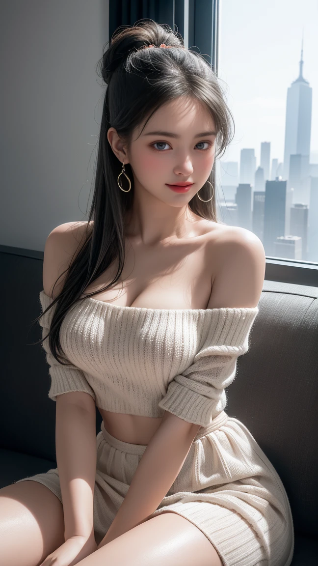 (best quality:1.2), (masterpiece),((ultra-detailed)), girl, 20 years old, half body, long dark hair, brown eyes, parted lips, blush, large breasts, cleavage, tank top, further jacket, open clothes, (looking at viewer), standing against wall, indoor, soft lighting,