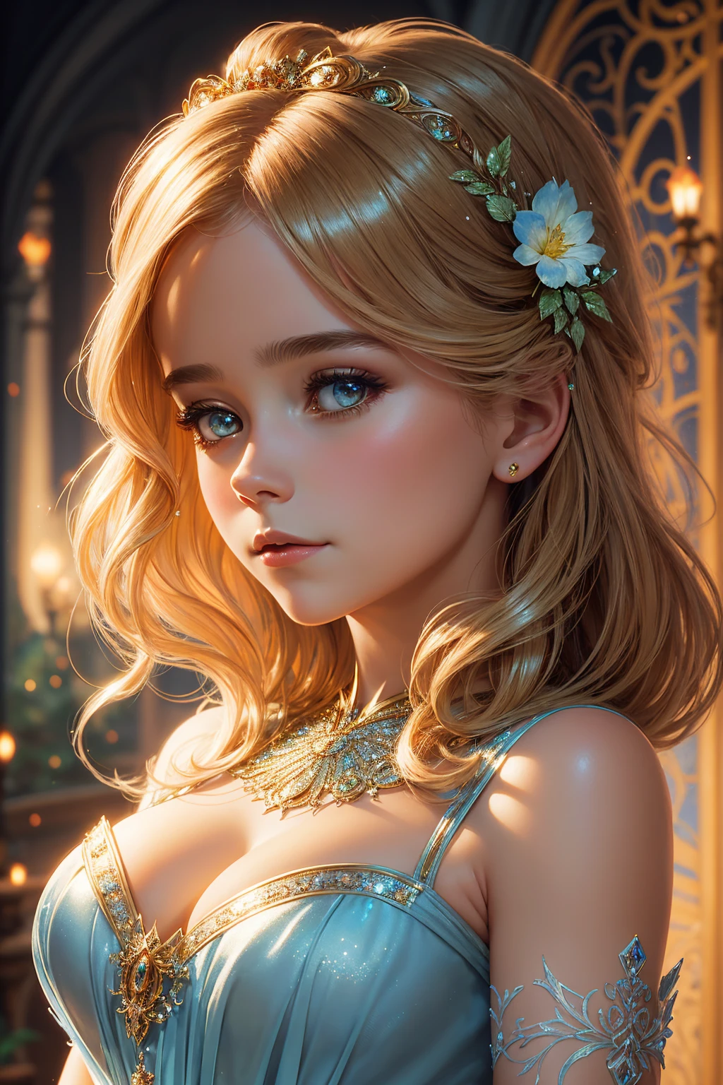 portrait Emma Watson, wearing sexy Tinker Bell costume, against the background of the garden, 6 0 3 0 s, wavy hair, intricate, elegant, highly detailed, digital painting, artstation, concept art, smooth, sharp focus, illustration, art by thomas kindkade, charlie bowater, artgerm, greg rutkowski, alphonse mucha and alexandra fomina, 36k, glittering, shining