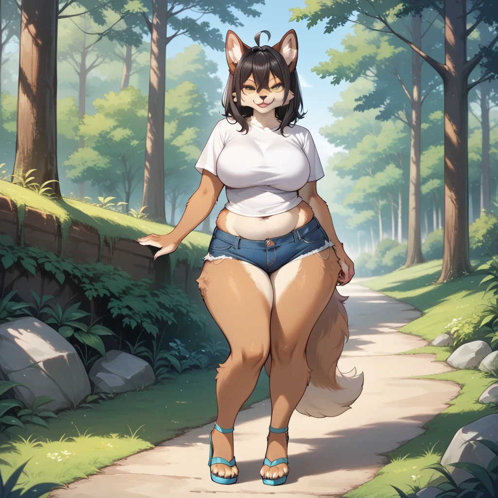 beautiful lights and shadows, ambient light, ultra detailed fur, volumetric light 4K, 8k, uhd, smirk, (feral cat:1.4), cute face, heavy makeup, large breasts, band T-shirt and shorts , four legged, (quadrupedal:1.5), thin, brown hair, red collar with gold tag, on tree lined road