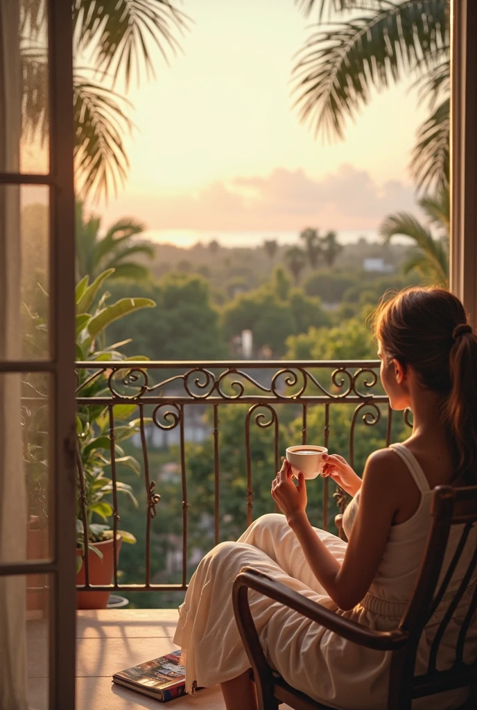 Uma varanda com plantas, Overlooking the metropolis from above, vibe calmo, A little dark in the sky A young skinny brunette shirtless swinging on the velular, With coffee on the table, With a dog sitting on the ground enjoying the view,