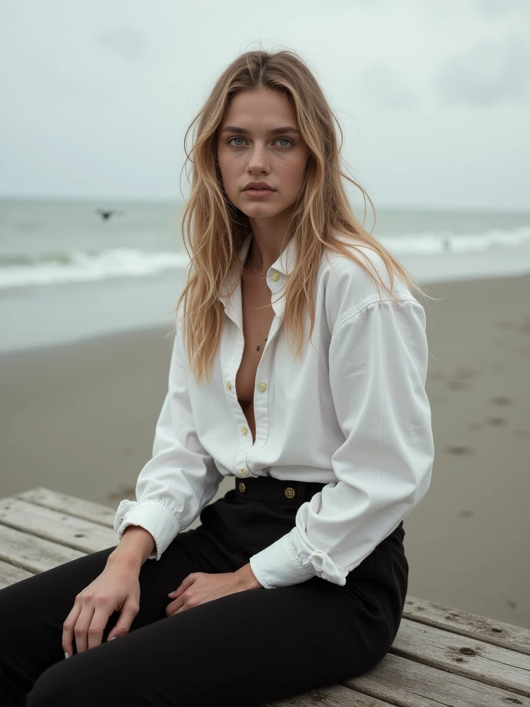 high resolution, 4k, 8k, {upper-body portrait:1.3}, facing camera, beach, {white buttoned-up collared shirt:1.1}, jeans, ultra fine-detailed, skin pores, skin texture, blonde hair, claudia photodromm, <lora:clphd_v1.5:1>