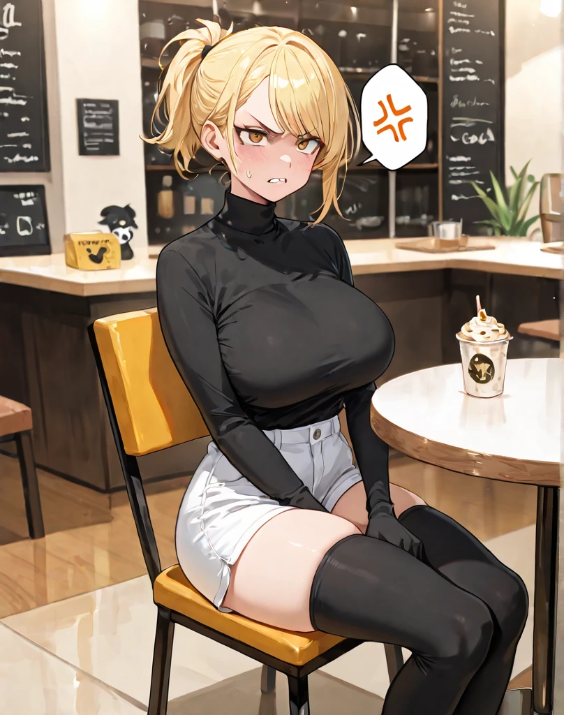 A woman wearing a black shirt,shirt with white writing, written ''Shikikan'', wearing a necklace with an iron cross around her neck, big breast, wearing a black skirt, with black shoes, wearing a bracelet with an iron cross on her wrist, blonde hair, short hair, red bangs, multicolored hair, with a face of smiling maleficent, brown eyes, standing in a cafe, holding a white cup of coffee,(solo woman), close view , masterpiece , accurate , anatomically correct , textured skin , super details , high quality , best quality, 8k, high resolution, bokeh effect.