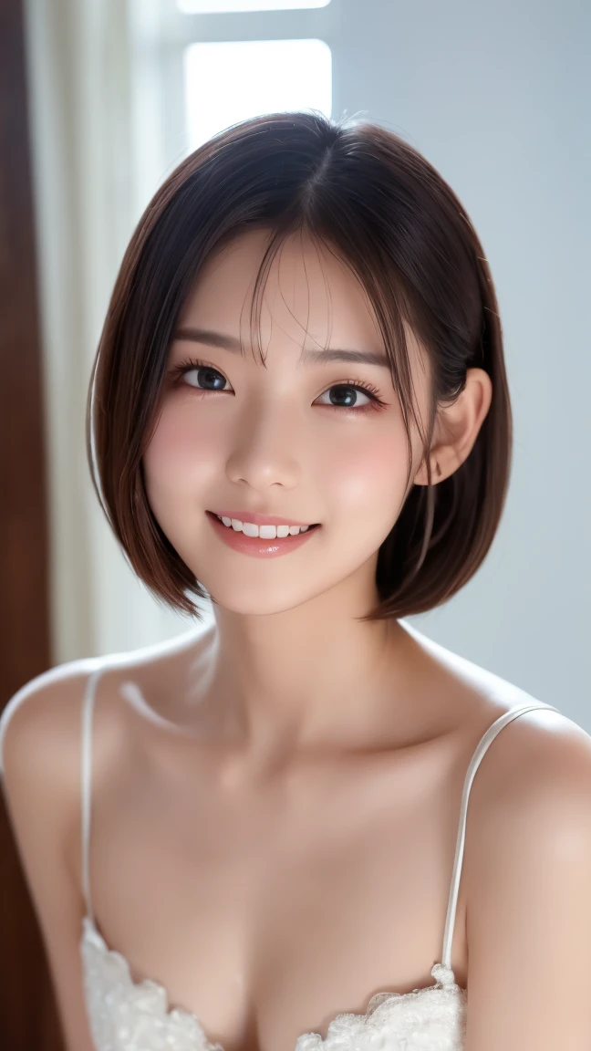 (chiayi:1.5),, proximity, ​masterpiece, top-quality, Raw foto, Photorealsitic, faces, unbelievable Ridiculous, beautiful girl figures, cute little, long neck、super model、clean short hair with bangs, depth of fields, hight resolution, ultra-detailliert, fine detailed, ighly detailed, extremely detailed eye and face, Sharp pupils, Realistic pupils, foco nítido, Cinematic lighting、lipgloss、Clean collarbone、closes mouth、Smiling happily、Look firmly at the camera