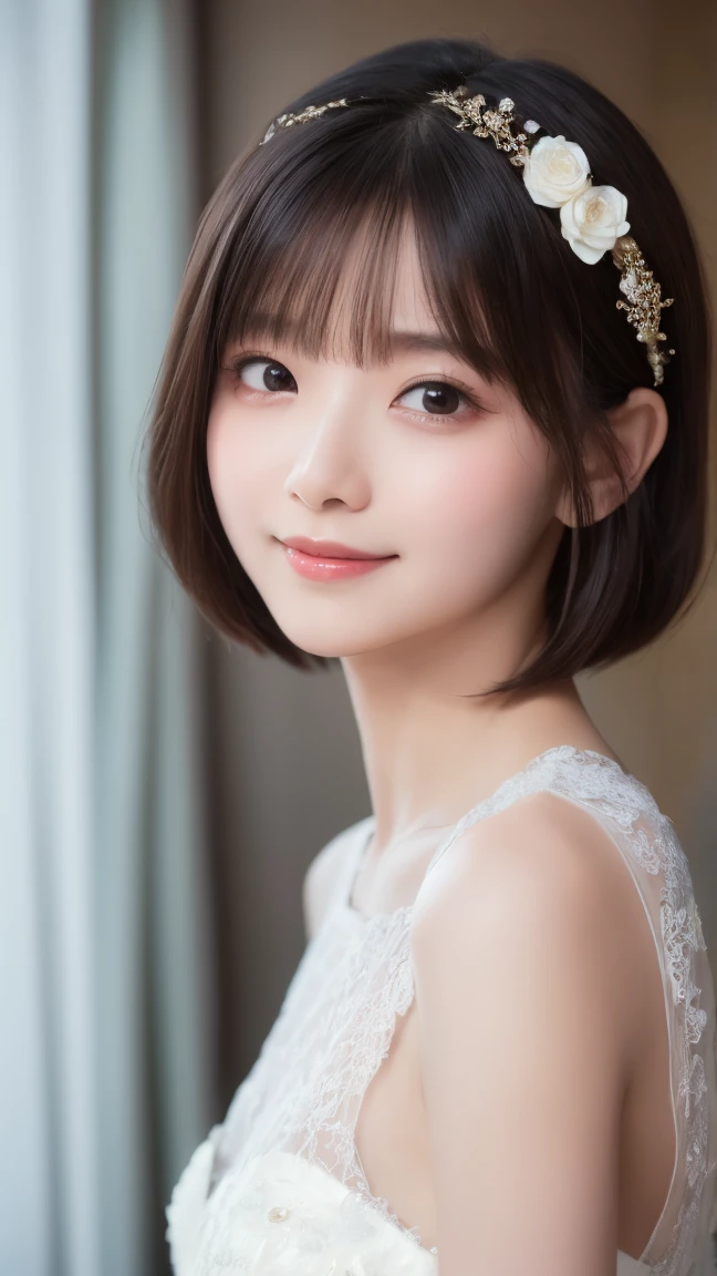 8k, Ultra-high resolution, Highest quality, masterpiece, 三分割法によるphotograph,Surreal, photograph, 1 , (:1.3), cute, cute顔, 細部までBeautiful Eyes, 細かくdetailedに,masterpiece,One Girl:1.2,Japanese women,Young Wife,cowboy shot,smile,Black hair,Bob with bangs,(black lace wedding dress:1.3),Pencil Skirt,bride,standing on a bridge,Buildings background,Woman Turning Around,sunset,(Beautiful attention to detail),Subtle details, detailedな顔, smile,attractive,(のポートレートphotograph:1.4),(Photorealistic images:1.4),Fantasy art,(Beautiful Face:1.4),美しくattractive目、Beautiful Eyes、(Tight waist:1.4)、(Beautiful with perfect body proportions:1.4),Pink Lips,Looking at the audience,(((Ideal body type))),A-cup small breasts :2,、Portraiture:2、Perfect Anatomy、鮮明なdetailed、detailed,Fashion magazine cover,Thin lips,完璧でBeautiful Face ,完璧でcute顔, Skin with attention to detail, Perfect limbs、Narrow waist,Surreal,Light and shadow,setting sun