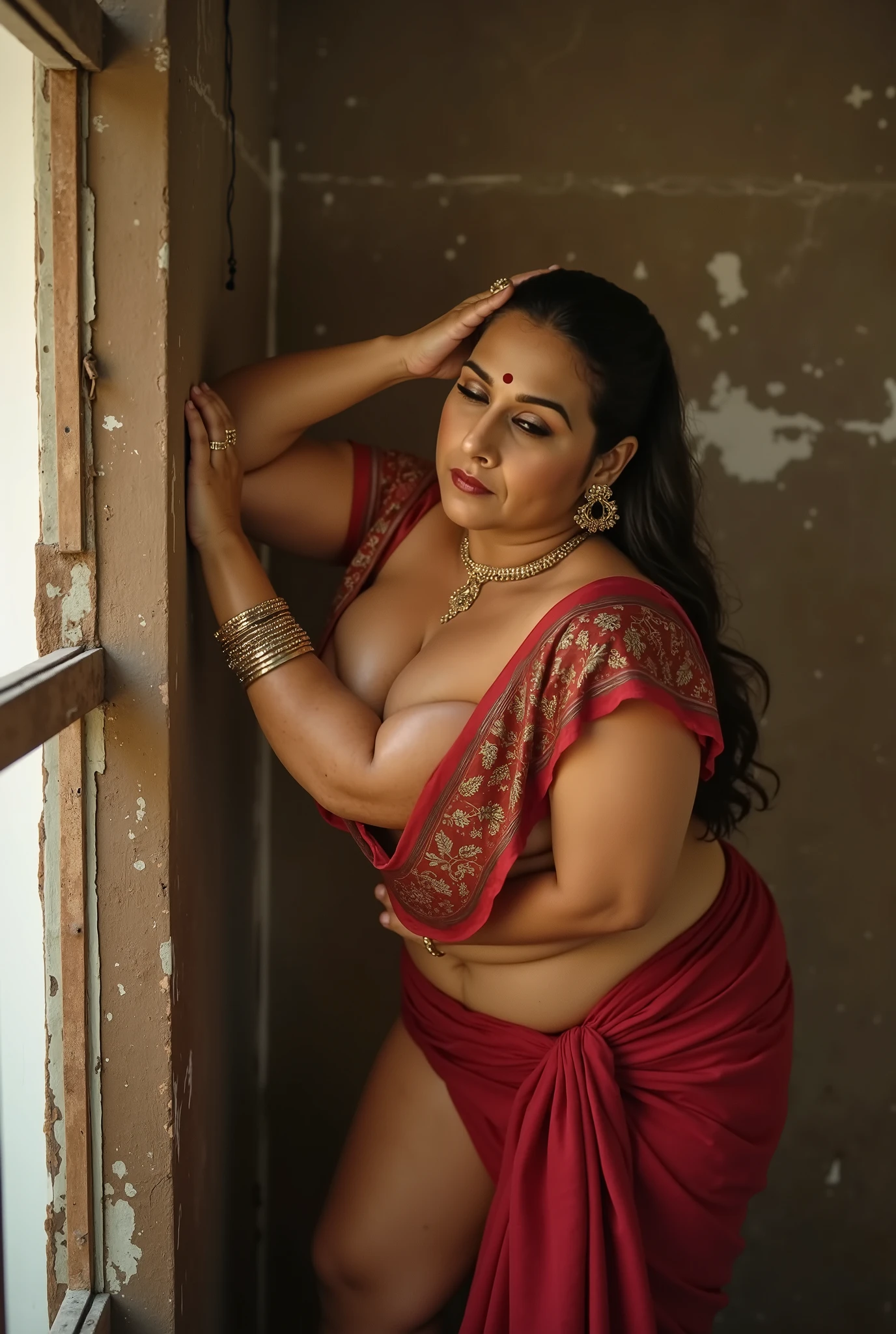 ((Realistic indian plus size bollywood actress Vidya Balan leaning on a kitchen wall and raising her flimsy skirt exposing her erotic thick fat gigantic thighs and legs exposure)) ((wearing big ear rings, bindi and dark lipstick)) ((A boy next to her sitting on a kitchen slab eating food)) ((Vidya Balan wearing flimsy micro mini short skirt)) ((exposing her massive gigantic thighs and thick fat calves. Super erotic Exposure of smooth thick fat massive thighs and legs)). ((Her top is very neck low exposing her massive breast and huge clevage)). Her long ruffled hair tied in a braid. She is looking at the viewer and smiling looking at the viewer and smiling sexily erotically. ((Sexy and erotic show of thick gigantic thighs and thick fat legs view)). Full length view. Hair tied tightly in a braid. High heels sandals, strapped sandals. ((Extreme legs Exposure.Indian thick figured, curry married woman)). Wearing bindi lipstick earrings mangalsutra and bangles. Wearing very deep neck sleeveless, string straps blouse revealing ample breast and huge clevage. Saree tied way below navel. Sexy erotic midriff view with deep navel. "Sitting on a low stool and Washing clothes with her skirt raised till her thighs. Erotic Exposure".(( Extreme thighs exposure, raising her attire and exposing her massive thick thighs and legs)). Erotic horny smile on her face. Slight glimpse of her breast nipples. Intricate details of Vidya Balan thick fat calves decorated by payal (anklets).(( Fair spotless smooth skin and chubby legs.)) ((VIDYA BALAN EROTIC MARRIED BRAZEN BOLD EROTIC INDIAN BHABHI)) ((The boy next to her is admiring her beauty and is looking at Vidya Balan with lust in his eyes and facial expressions)) (( VIDYA BALAN GESTURES OF CALLING THE VIEWER))