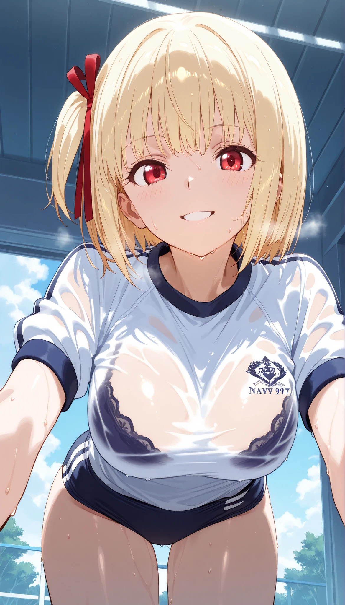 1girl, soli, special clothing, blonde hair, small breasts, bare breasts, bare nipples, hands squeeze breasts, 