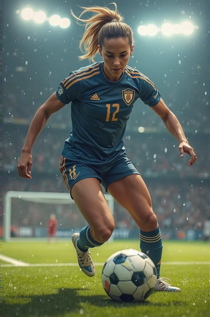 full body,photo of a 18 year old girl,kicking a soccer,happy,messy hair,floating hair,soccer uniform,outdoor,windy,soccer field,ray tracing,detail shadow,shot on Fujifilm X-T4,85mm f1.2,sharp focus,depth of field,blurry background,bokeh,motion blur,motion lines,<lora:add_detail:1>,