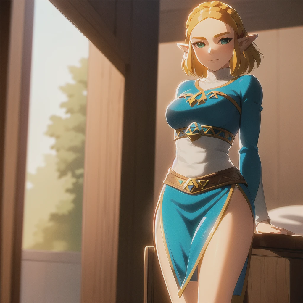 ((masterpiece,best quality)), zelda\(princess\), 1girl, solo, breasts,short hair, wearing tight panties,portrait,looking at viewer,smile,8k wallpaper, on bed, getting undressed