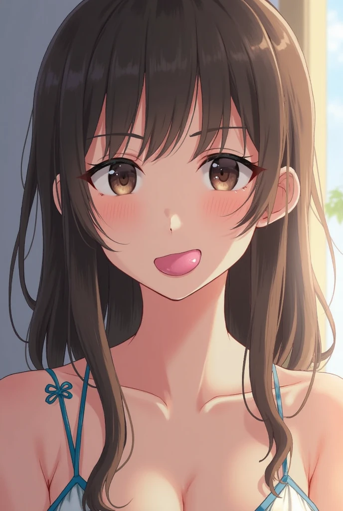 (((girl kawaii))), (a extremely delicate and beautiful girl), ((super fine illustrations)), (extremely delicate and beautiful), charactera girl, hand up, wet, girl, teenage girl, flowing hair, (high ponytail), (Long dark brown hair), beatiful detailed hair, extremely beautiful detailed anime face and eyes, (smile), complex details beautiful and delicate eyes, bright eyes, open mouth, cleavage, pale blue eyes, bright skin, Frill, hair bow, earrings, gem necklace, bracelet, (white bikini), cardigan, wet clothes, open coat, white Clothes, (beach), (blue sky), sunlight, back lighting, very detailed light, ((absurdres)), (((wallpaper 8k CG))), masterpiece,