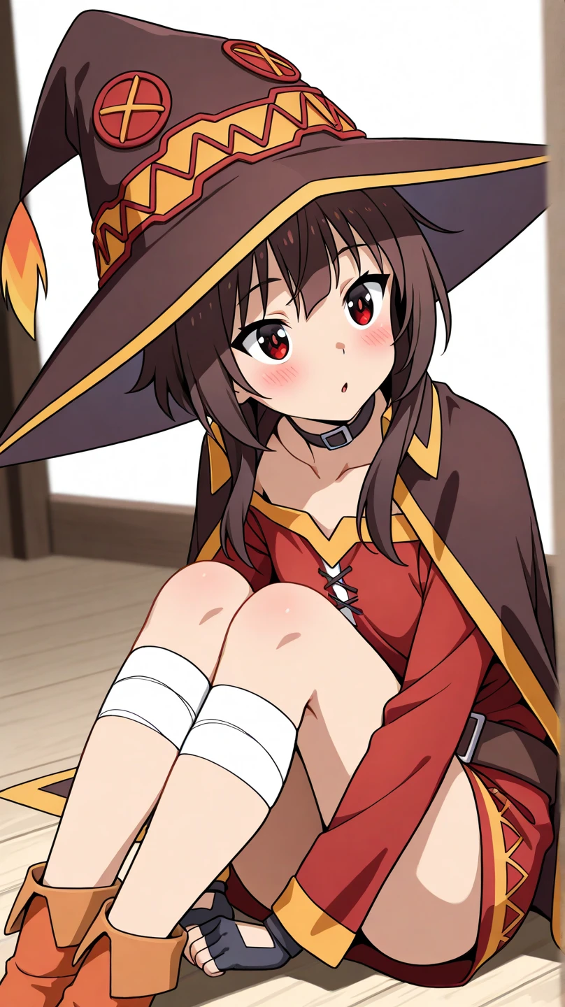 Megumin, blushing, tender, 15-year-old appearance, small breasts, lying on the ground, Pussy visible