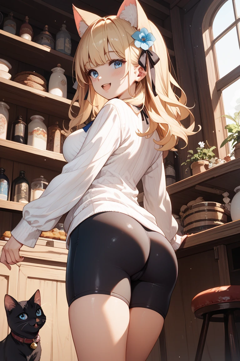 anime, beautiful face, highly detailed face, detailed perfect eyes, perfect hair, perfect lips, accurate arms, accurate hands, perfect legs, accurate footware. highly detailed background, front lighting, perfect lighting, full body, 1girl, solo, ruby hoshino, ruby, oshi no ko, heels, blonde hair, thighhighs, stockings, absurdres, high res, ultrasharp, 8K, masterpiece, looking at viewer, in a maid cafe, restaurant (sexy pose:1.2), (full body:1.3), waitress, maid mini skirt, body at an angle from viewer, looking back over her shoulder, view from behind, ass view, reverse cowgirl position, riding position, cowgirl position, revcowgirl, beautiful panties, cleavage, stockings, full of delight, smiling full of compassion, blushed
