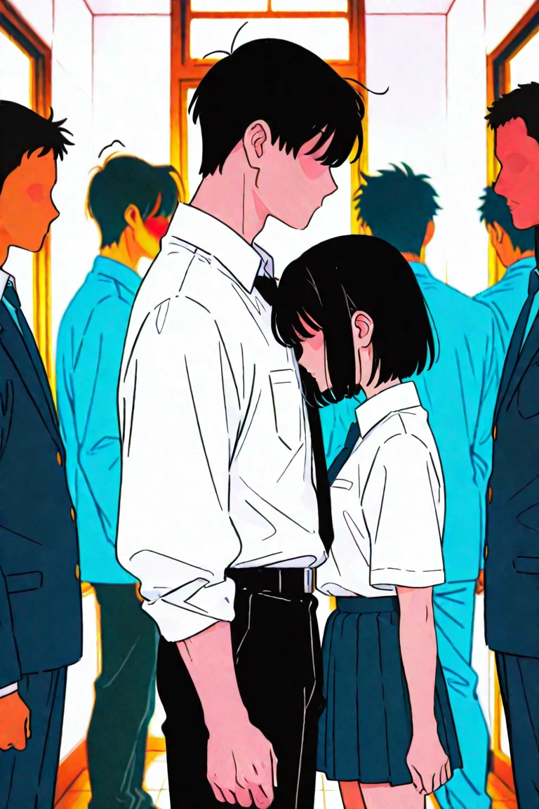(​masterpiece:1.4),on the train,(1boy people:1.9),(1man:1.7),1girl,(man whispers to girl:1.9),( man is touching girl's white panties:1.9)、(A man is touching girl's crotch:1.9),student clothes、standing,on the train、a man lifts a woman's skirt,man touching the crotch of girl、gairl is 15 years old,short twintails,man is 50 years old,man is suit,man is short hair,red blush,red tie,serafuku,Dark blue pleated skirt,(skinny:1.0),tikan,