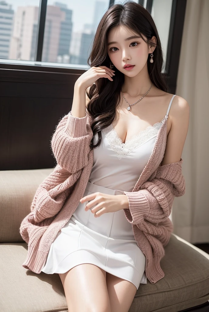 1girl in,Sitting on a cozy sofa,cross one's legs,Soft light,Chinese beauty, dark purple dress,A dark-haired,length hair
