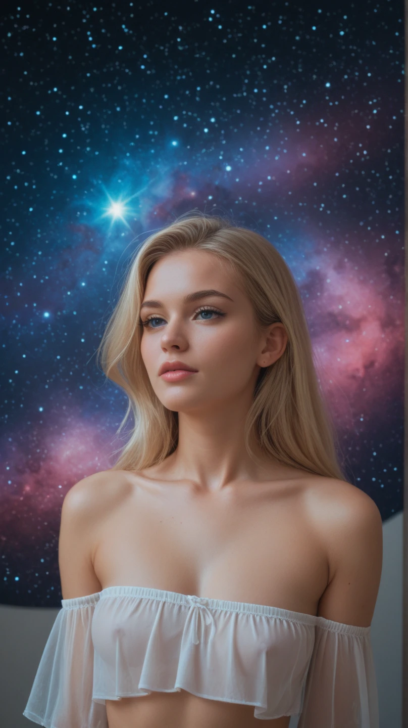 a nude blonde woman with long, straight hair sitting on a bed in a space-themed room. She has fair skin and blue eyes, with a serene and confident expression. The woman is positioned with her legs spread, sitting against a red wall, and is illuminated by natural light coming from a window to her side. Outside the window, a mesmerizing view of a colorful nebula and starry sky is visible. The room has a simple, modern aesthetic with a focus on the woman and the cosmic scenery. The style emphasizes clean, vibrant colors, and realistic shading to give a magnificent ultra photo realistic image, 8k, slutty, smiling