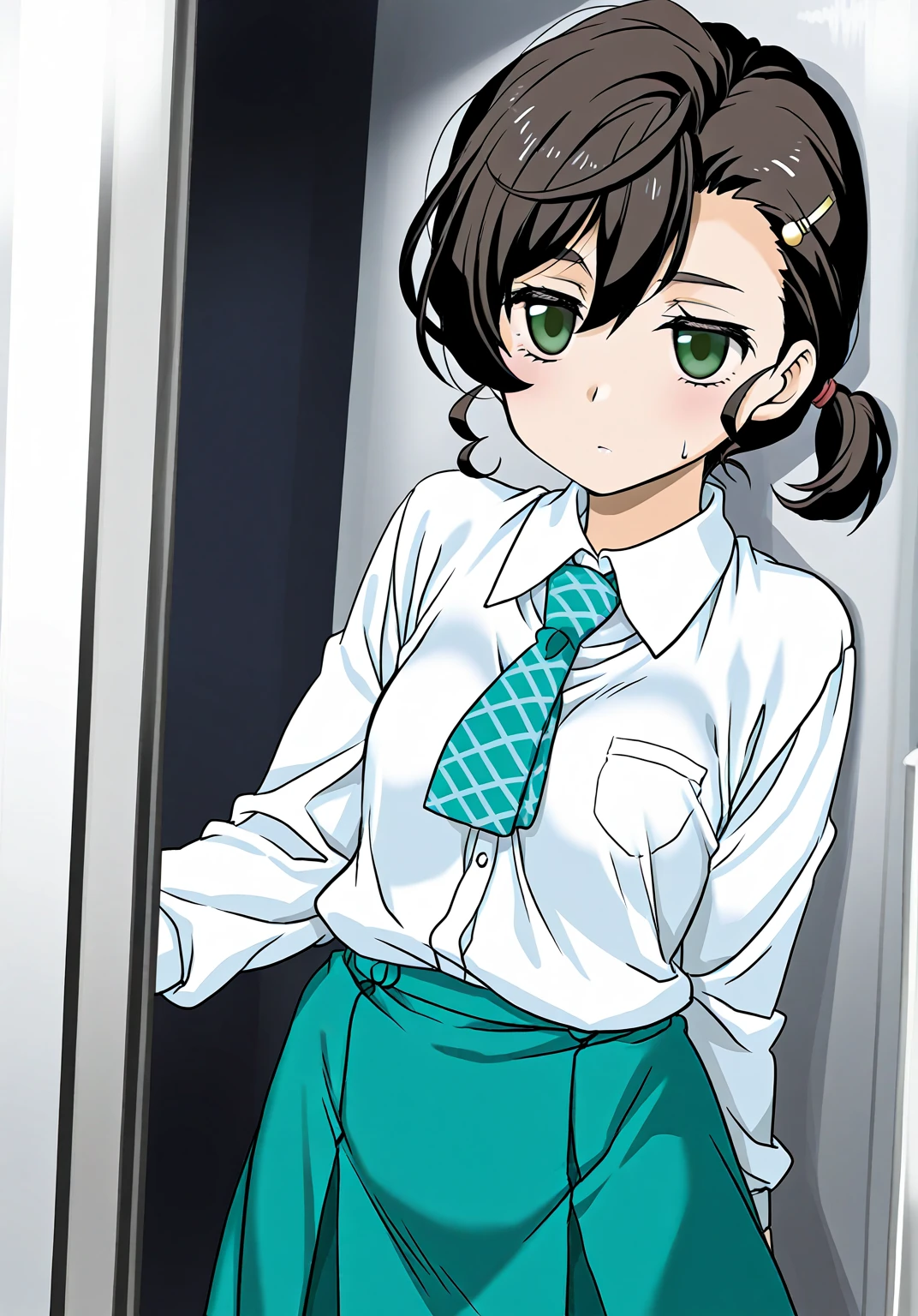 naomidorikawa, Nao Midorikawa, short hair, (Green Eyes:1.3), ponytail, Green Hair, ribbon, hair ribbon, smile,
break skirt, , tie, Rolled up my sleeves, Sweater vest, green tie, nanairogaoka middle ,Thighs、(((Panty shot、Skirt lifted、Cute white panties)))、座る
break indoors,classroom,
break looking at viewer, Dynamic pose,
break (masterpiece:1.2), Highest quality, High resolution, unity 8k wallpaper, (figure:0.8), (Beautiful attention to detail:1.6), Highly detailed face, Perfect lighting, Highly detailed CG, (Perfect hands, Perfect ???????),