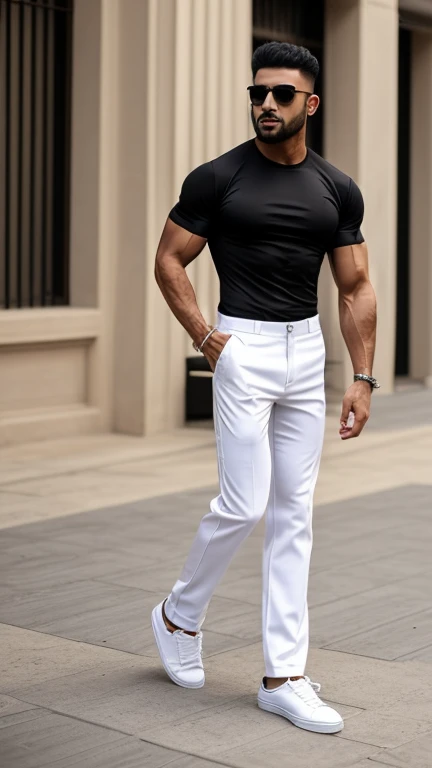 High resolution image of a just muscular man, white-skinned, showing full body, flat hair, muscular arms, wearing white dress shirt, blue pants, in muscular body, wearing brown leather shoes with buckles, wearing silver Rolex watch, wearing brown leather belt, walking down a deserted street with blurred background, With Sun, holding men&#39;s briefcase, looking at camera, perfect italian style face, fine nose, squared chin, barba, pink mouth lips, cloused mouth, well-defined eyes with blue iris, muscular legs, 8K ultra resolution.
