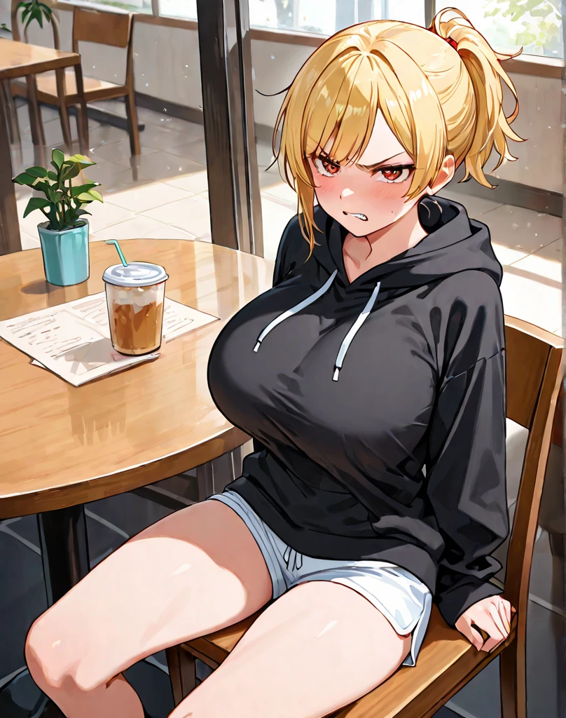 ((Masterpiece)), perfect anatomy, perfect shading, field of depth, (best quality), extremely delicate and beautiful, perfect lighting, detailed face, ultra cute face, cute, (cowboy shot 1.2), full body, (((1girl))), ((solo)), looking at viewer,
short hair, fluffy hair, blonde hair, blue eyes, Glasselush)), shy, nervoulack turtleneck sweater 1.5), (jeans 1.2), belt, extremely tight clothes, medium breasts, ((wide hips)), ((thick thighs)), ((chubby)), belly bulge, belly hang,
coffee shop, intricate background, detailed background, hand on hip, holding coffee cup,